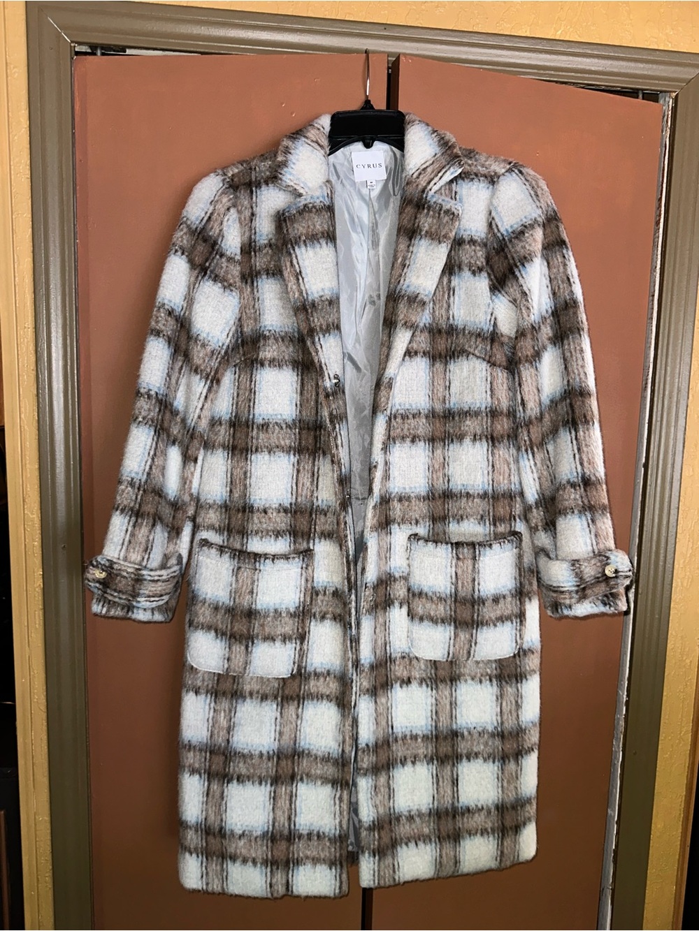 Cyrus Plaid Long Coat in Cream and Brown